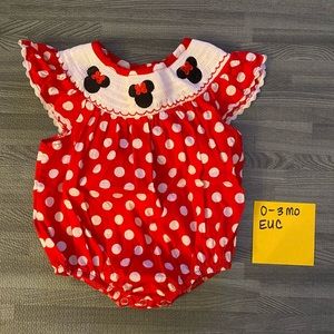 Disney baby girl Smocked embroidered polka dot Minnie Mouse bubble romper 0-3 Mo